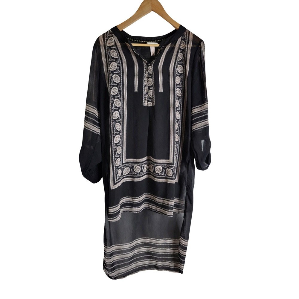 Knox Rose Black Sheer Boho Floral Border Print High Low Tunic Dark Cottagecore